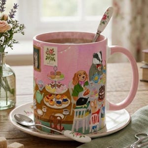 May include: A pink ceramic mug with a whimsical illustration of animals at a tea party, filled with tea and a floral spoon. The mug sits on a matching saucer with a spoon. A vase of flowers is in the background.