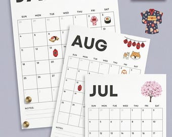 Minimal Monthly Calendar 2026, Printable PDF, Anime Stickers, , Simple Monthly Planner, Instant Download