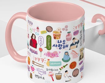 Coffee mug with Korean Stickers , Kdrama inspired mug for cute korean aesthetics lovers
