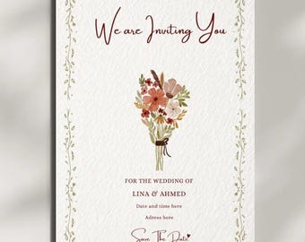 Personalized Floral Invitation Card, Custom Wedding Invite with Elegant Flower Bouquet, Made to Order, Printable or Digital