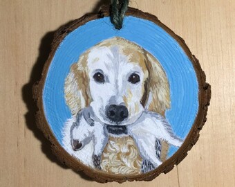 For New custom order, wood log cut ornament size/bark trim, dog ornament, cat ornament, livestock, pet memorial, hand painted,