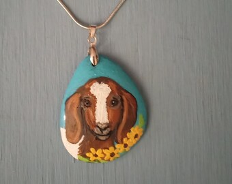 Ready to ship, Turquoise pendant necklace hand painted with Boer goat kid, flowers, one of a kind, goat necklace,