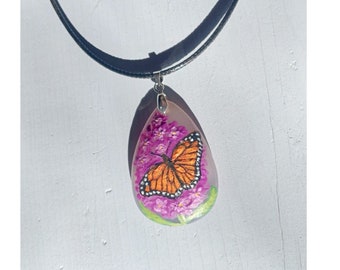 Ready to ship, Monarch butterfly pendant necklace, hand painted gemstone, butterfly necklace, one of a kind,