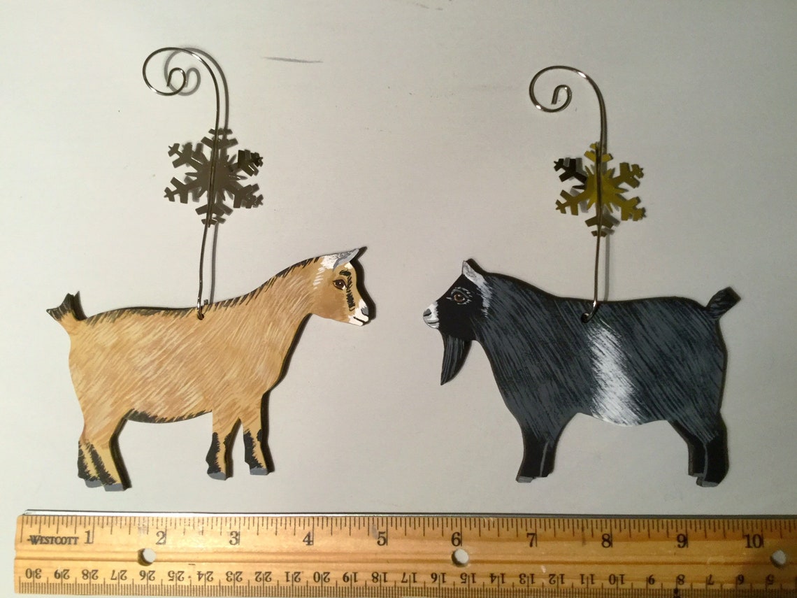 2 Pygmy goat ornaments tree decorations Hand painted Wood Etsy