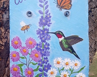 Ready to mail, garden slate, pollinator friendly garden, butterfly, hummingbird, bees, garden sign hand painted, one of a kind,