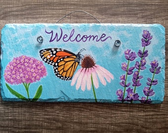 Ready to ship, 12" garden slate, Monarch, pollinator slate, hand painted roofing slate, butterfly slate, OOAK, butterfly garden.