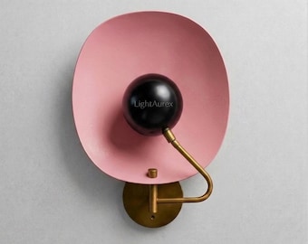 Modern Pink Wall Sconce Light | Nordic Disc Wall Lamp | Mid Century Brass Wall Lighting Fixture | Minimalist Bedroom Wall Decor Lamp
