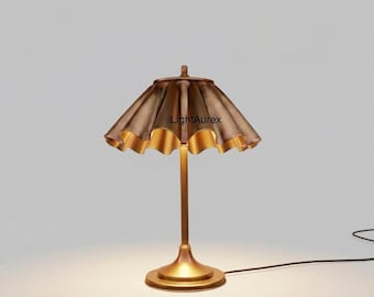 Antique Copper Table Lamp, Pleated Brass Shade, Vintage Bedside Lamp, 2 Light Desk Lamp, Rustic Bedroom Lighting