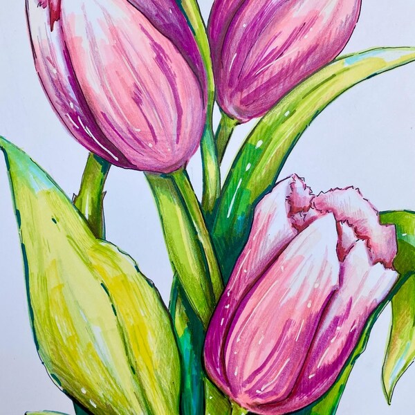 Pink Tulips Art – Original Floral Marker Drawing, A4 Botanical Illustration, Hand-Drawn Artwork