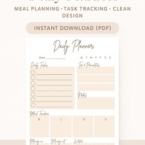 May include: A minimalist daily planner with the text "Minimal Boho Daily Planner". The beige PDF printable includes sections for daily tasks, top priorities, meal tracking, and water intake. The design is aesthetic, eco-friendly, and perfect for intentional daily planning.
