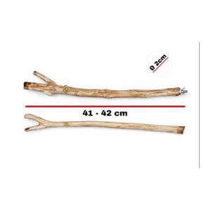 May include: Two natural wooden bird perches. The perches are 41-42 cm long and 2 cm in diameter. One perch has a branch-like shape, and the other is a straight stick. The perches are designed for birds.