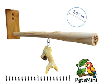 Posatoio per uccelli da parete in legno d'ulivo naturale – 44 cm, realizzato a mano per gabbia di pappagalli, con giocattolo.