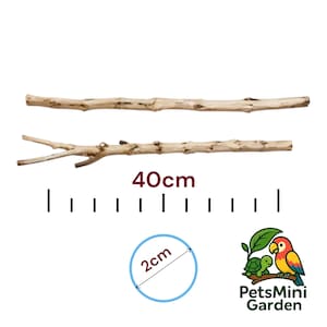 May include: Two natural wooden perches, approximately 40cm long, for birds. One perch is a simple stick, the other has a small branch. The image also includes a 2cm circle and a logo for PetsMini Garden.