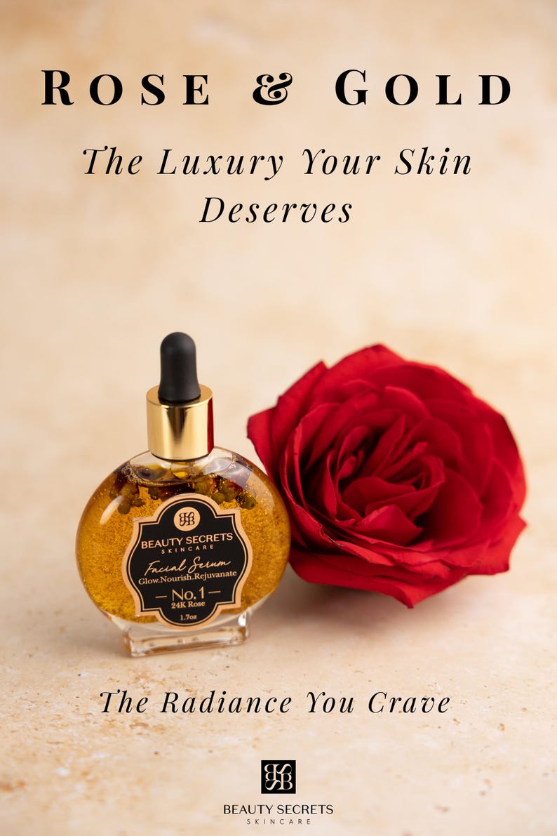 Puede incluir: Un frasco de vidrio redondo de suero facial Beauty Secrets Skincare No. 1 24K Rose, 1.7oz, con tapa de gotero dorada, junto a una rosa roja vibrante. El texto dice: ROSE & GOLD, The Luxury Your Skin Deserves, Glow.Nourish.Rejuvenate, The Radiance You Crave.