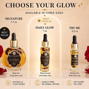 Puede incluir: Tres frascos cuentagotas de vidrio de suero facial Beauty Secrets No. 1 24K Rose en tama&ntilde;os de 50ml, 30ml y 15ml. Los frascos contienen copos de oro y p&eacute;talos de rosa, con etiquetas negras y texto dorado. Texto: CHOOSE YOUR GLOW, NATURAL & PLANT-BASED, CRUELTY-FREE, NO FILLERS.