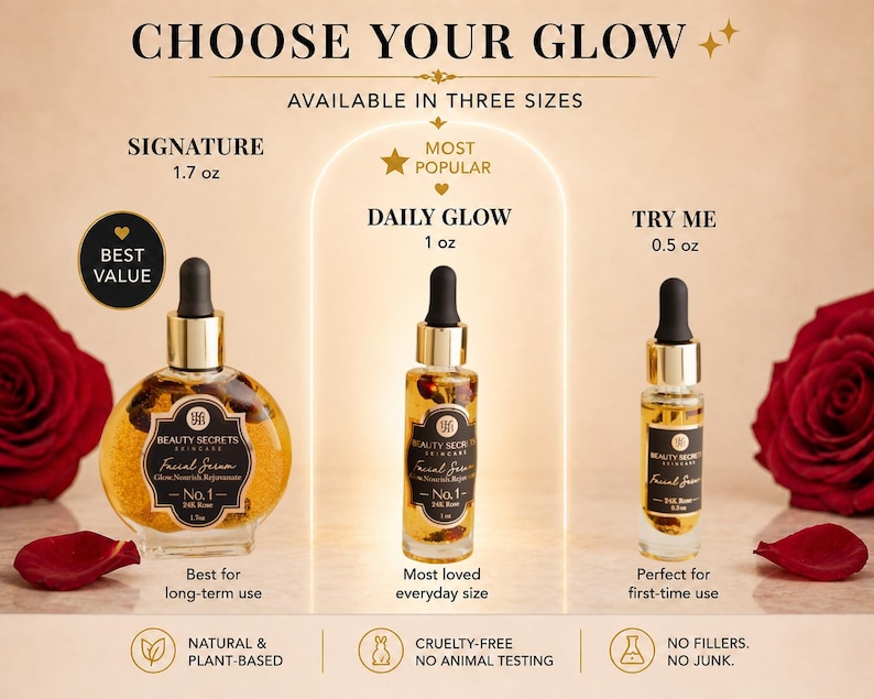 Puede incluir: Tres frascos cuentagotas de vidrio de suero facial Beauty Secrets No. 1 24K Rose en tama&ntilde;os de 50ml, 30ml y 15ml. Los frascos contienen copos de oro y p&eacute;talos de rosa, con etiquetas negras y texto dorado. Texto: CHOOSE YOUR GLOW, NATURAL & PLANT-BASED, CRUELTY-FREE, NO FILLERS.