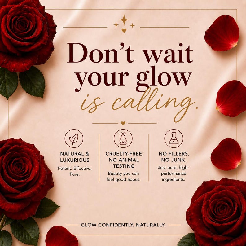 Puede incluir: Un gr&aacute;fico cuadrado con fondo color melocot&oacute;n claro, decorado con rosas rojo oscuro y p&eacute;talos dispersos. El texto dice: Don't wait your glow is calling. Los iconos representan cualidades naturales, libres de crueldad y sin rellenos.