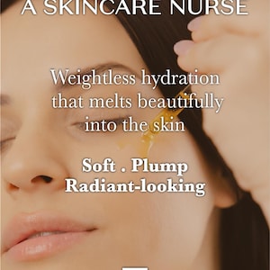Puede incluir: Un gotero de vidrio transparente que dispensa un aceite facial dorado sobre una mejilla. El texto dice: FORMULATED BY A SKINCARE NURSE, Weightless hydration that melts beautifully into the skin, Soft. Plump Radiant-looking, y el logo BEAUTY SECRETS SKINCARE.