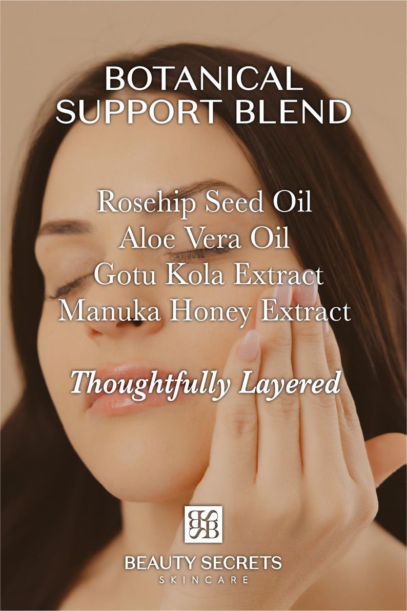 Puede incluir: Un anuncio de producto para el cuidado de la piel con el texto BOTANICAL SUPPORT BLEND, Rosehip Seed Oil, Aloe Vera Oil, Gotu Kola Extract, Manuka Honey Extract, Thoughtfully Layered y el logo de Beauty Secrets Skincare con monograma.