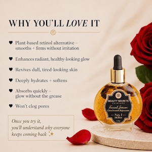 Puede incluir: Un frasco de vidrio de suero facial Beauty Secrets Skincare No.1 24k Rose, 48g, con tapa de gotero dorada, que contiene l&iacute;quido dorado y p&eacute;talos de rosa. El texto incluye: WHY YOU'LL LOVE IT, alternativa vegetal al retinol y brillo sin grasa.