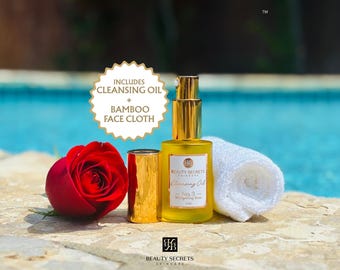 Organic Rose Face Cleansing Oil & Bamboo Cloth Set, Japanese Tsubaki Makeup + Sunscreen Remover, Nurse Formulated Double Cleanse Gift Bundle