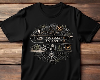 Geocaching T-Shirt, Geocachingbekleidung, Natur Shirt, Schatzsuche, GPS-Daten, Cache-Icon, Topo-Kartenlinien, Geschenk Frau Mann
