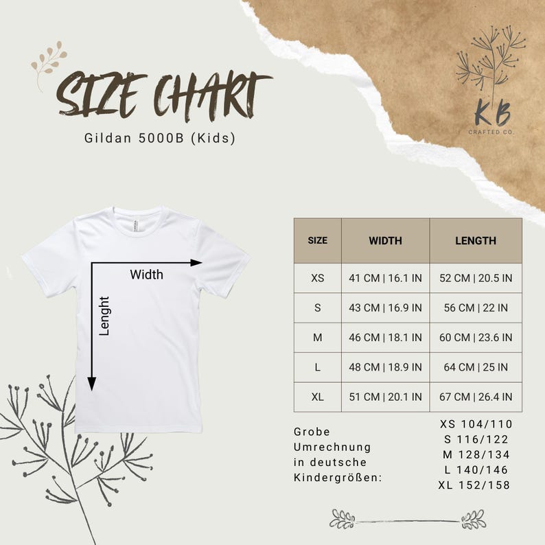 May include: White Gildan 5000B kids' t-shirt with a size chart. The chart shows measurements in inches and centimeters for sizes XS to XL. The text "SIZE CHART" is at the top.