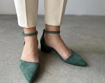 Green Vegan Shoe; low block heels; bridesmaid shoes ; pointed toe ; gift for mom