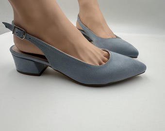 Handmade Dusty Blue Vegan Suede Block Heel Shoes;woman shoes; wedding shoes ; bridal shoes ; woman's shoes