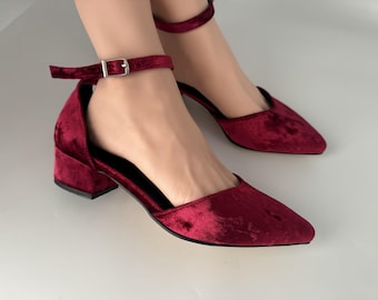 Handmade Burgundy Velvet Block Heel Shoes, Women's Ankle Strap Shoes;woman shoes; wedding shoes ; bridal shoes ; woman's shoes