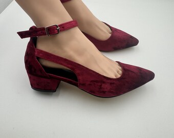 Handmade Burgundy Velvet Block Heel Shoes, Women's Ankle Strap Shoes;woman shoes; wedding shoes ; bridal shoes ; woman's shoes