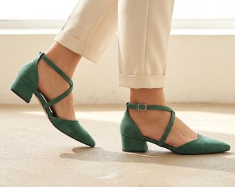 Green Vegan Shoes; Cross strap heels, bridesmaid heel , green suede shoe ; gift for mom