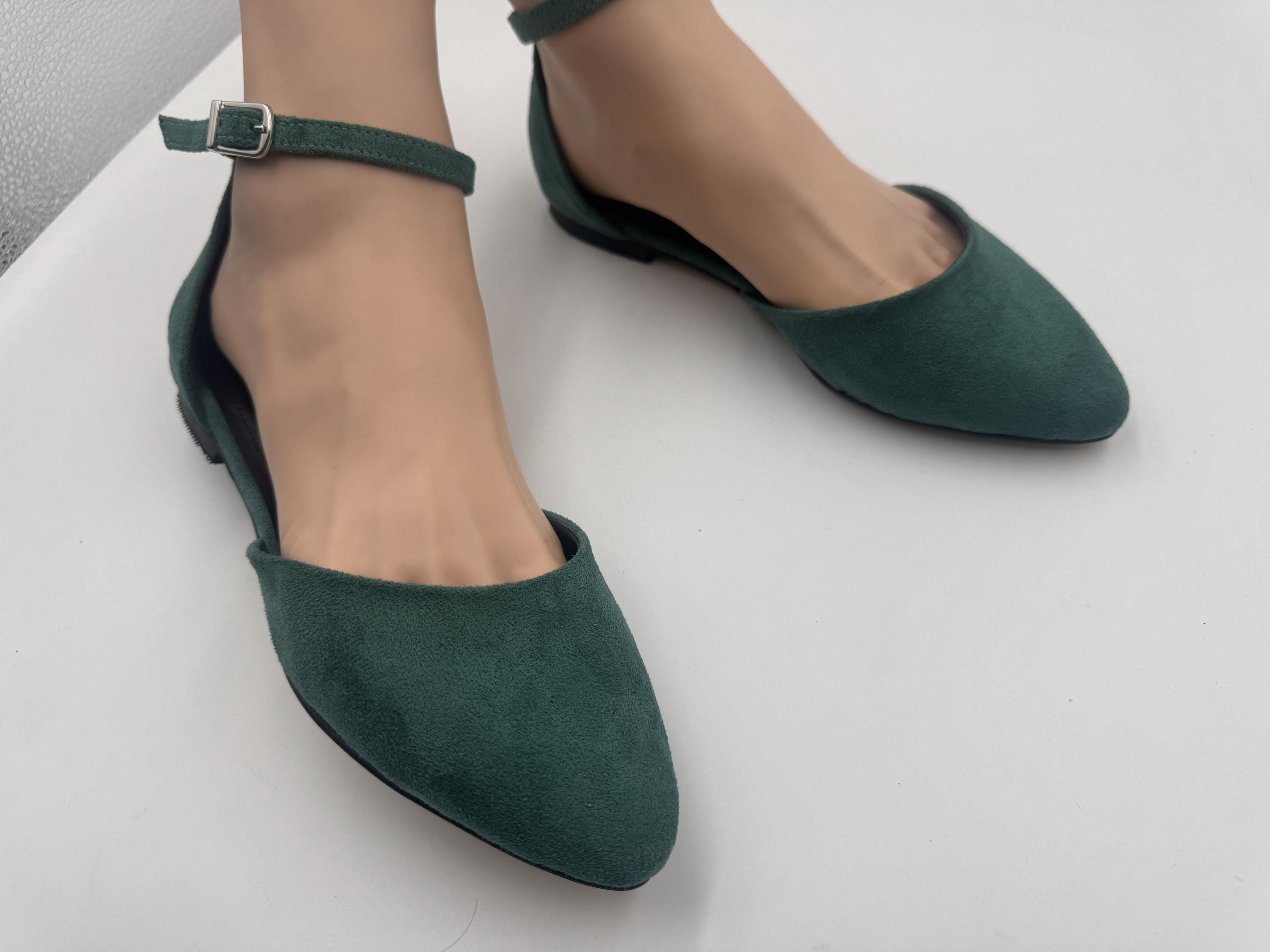 Handmade Green Suede Flat Shoes, Criss cross Strap;woman shoes; wedding shoes ; bridal shoes ; woman's shoes
