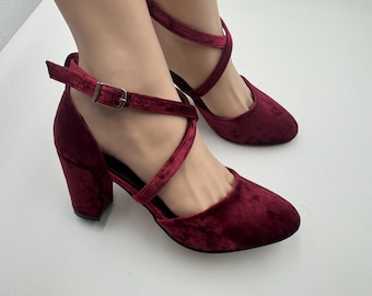 Handmade Burgundy Velvet Block Heel Shoes, Criss Cross Strap;rounded toe;woman shoes; wedding shoes ; bridal shoes ; woman's shoes