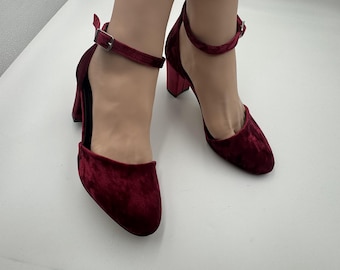 Handmade Burgundy Velvet Block Heel Shoes, Ankle Strap;rounded toe;woman shoes; wedding shoes ; bridal shoes ; woman's shoes