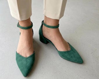 Vegan Suede Shoes; green evening shoe ; closed toe heels ; block heel; special occasion