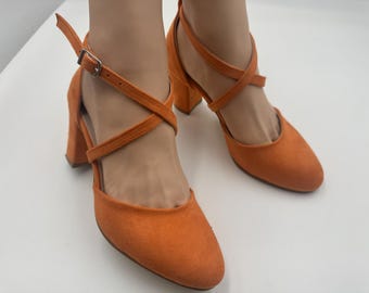 Handmade Vegan Suede Block Heel Shoes, Orange Criss cross Strap shoes , high heels; rounded toe;woman shoes; wedding shoes ; bridal shoes ;