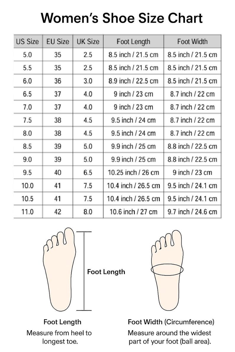Op de afbeelding: Maattabel voor damesschoenen met US, EU en UK maten, voetlengte in cm en inches, en voetbreedte in cm en inches. Illustraties voor voetlengte- en breedtemeting.