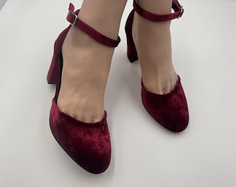 Handmade Burgundy Velvet Block Heel Shoes, Ankle Strap;rounded toe;woman shoes; wedding shoes ; bridal shoes ; woman's shoes