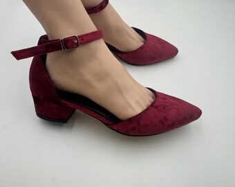Handmade Burgundy Velvet Block Heel Shoes, Women's Ankle Strap Shoes;woman shoes; wedding shoes ; bridal shoes ; woman's shoes