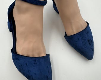 Handmade Dark Blue Velvet Block Heel Shoes, Women's Ankle Strap Shoes;woman shoes; wedding shoes ; bridal shoes ; woman's shoes