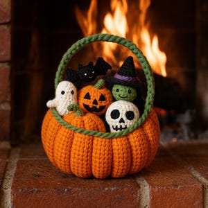 Puede incluir: Una cesta de calabaza de ganchillo naranja llena de figuras de Halloween. La cesta incluye un fantasma, una calabaza, un murciélago, una bruja y una calavera. La cesta tiene un asa verde y está sobre una superficie de ladrillo.