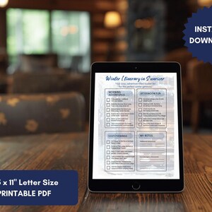May include: A digital tablet displays a printable PDF winter itinerary for Sunriver, with sections for morning adventures, afternoon fun, and cozy evenings. The document is 8.5 x 11 inches and available for instant download.