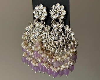 Purple Lilac pearly Kundan style Chandbaalis