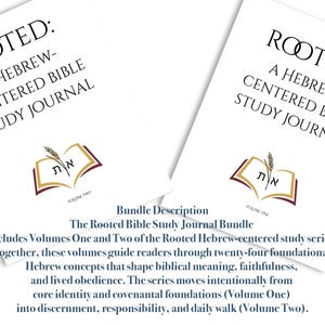 Puede incluir: Se muestran dos diarios blancos titulados "ROOTED: A Hebrew-Centered Bible Study Journal". La portada presenta texto y una ilustración de un libro abierto con letras hebreas y trigo. Estos diarios forman parte de una serie de estudio.