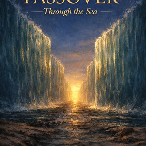 May include: An artistic depiction of the parting of the Red Sea, with towering walls of water on either side and a bright, golden light illuminating the path ahead. The text "PASSOVER Through the Sea" is displayed at the top, with "An Immersive Scripture Experience" at the bottom.