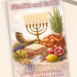 May include: A watercolor illustration of a guide titled "Feasts and Faith" with a menorah, challah bread, pomegranates, and other symbolic items. The guide is a 22-page printable PDF.