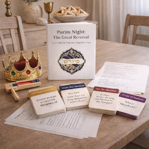 Könnte beinhalten: Eine Tischszene mit einem Purim Night-Spielset. Das Set enthält ein Buch mit dem Titel "Purim Night: The Great Reversal", eine goldene Krone, Spielkarten und einen Holzratschen. Der Text "Purim Night: A Night of Reversals" ist ebenfalls sichtbar.
