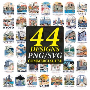 Pode incluir: Uma coleção de 44 ilustrações digitais de viagem com marcos icónicos de cidades como Toronto, Paris, Tóquio e Roma. Cada gráfico é apresentado numa moldura semicircular com etiquetas de texto. O texto central diz 44 DESIGNS PNG/SVG COMMERCIAL USE.