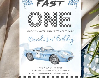 Fast ONE Birthday Invitation Race Car 1st Birthday Invite Blue Racing Car Vintage Racecar Printable Template Instant Download